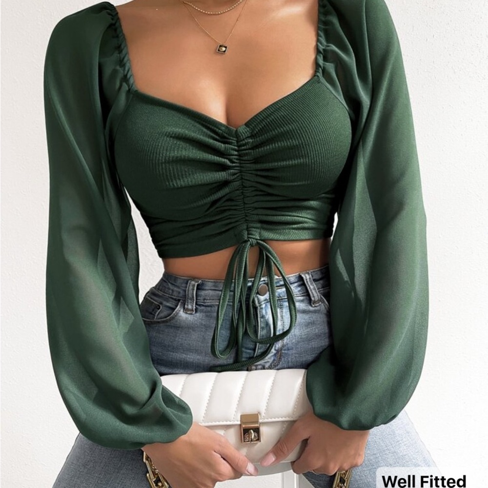 Green Ruched Long Sleeve Crop Top